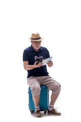 Old man in travelling concept isolated on white