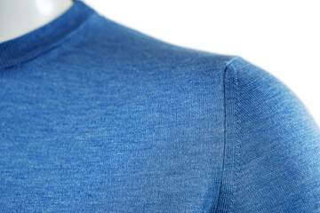 Blue men's sweater, details. Knitted tight-fitting jumper, long sleeve for male.