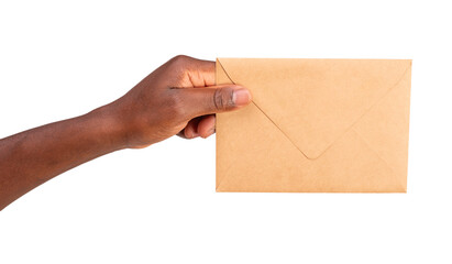 Man holding a brown paper envelope isolated on white or transparent background