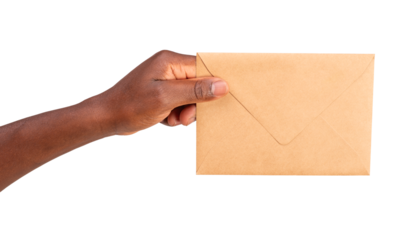 Man holding a brown paper envelope isolated on white or transparent background