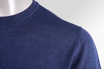Dark blue men's sweater, details. Knitted tight-fitting jumper, long sleeve for male.