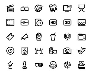 Simple Set of Cinema-Related Vector  Icons. Contains such Icons as movie Theater, TV, popcorn, video Clip and more. Editable Vector