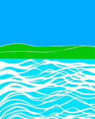 Hand drawn abstract minimalist artwork. Ocean waves with green land and blue sky. 