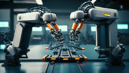Futuristic factory automation, robots in synchronized motion, precision engineering, technology, innovation, industrial evolution, efficiency, and modern production - obrazy, fototapety, plakaty