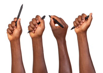 Man holding a pen in a hand and writing, drawing, and pointing, isolated on white or transparent background	