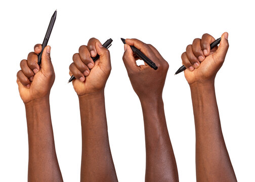 Man holding a pen in a hand and writing, drawing, and pointing, isolated on white or transparent background