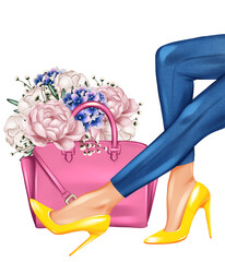Beautiful girl legs wearing yellow high heels shoes. Handbag with peonies. Fashion girl illustration