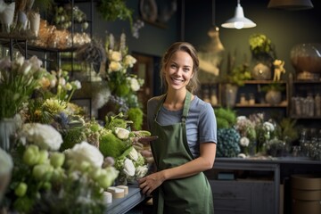 Fototapeta premium A woman surrounded by a colorful display of flowers at a flower shop counter