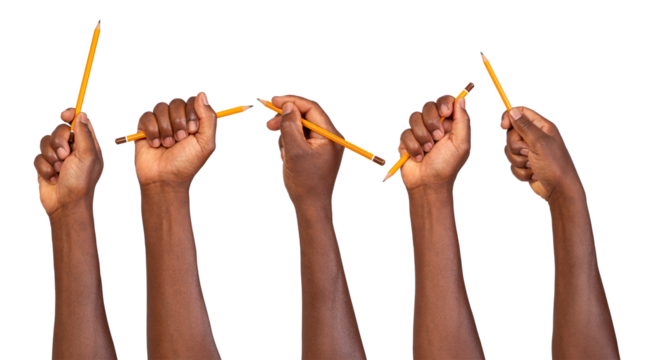 Man holding a pencil in a hand, writing, drawing and pointing, isolated on white or transparent background