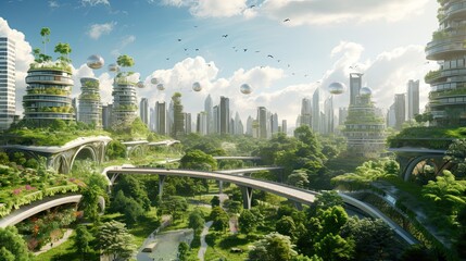 Eco-futuristic cityscape full with greenery, parks and green spaces in urban area. - obrazy, fototapety, plakaty