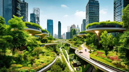 Poster Eco-futuristic cityscape full with greenery, parks and green spaces in urban area. © Oulaphone