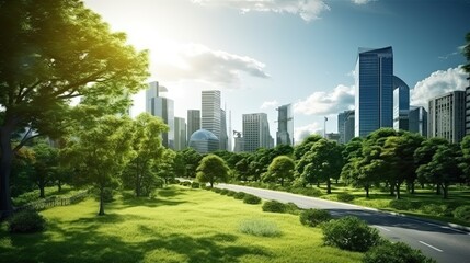 Obraz premium Public park and high buildings cityscape, Green environment city, World Environment Day concept.
