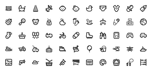 Set of simple outline children toys Icons. Thin icons pack. Vector illustration