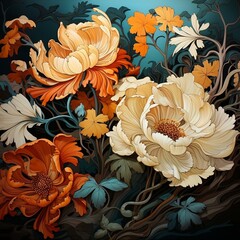 A pattern that has a lot of yellow and orange flowers