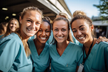 Herzlicher Empfang im Krankenhaus: Vier glückliche Krankenschwestern erwarten den Besucher mit einem Lächeln