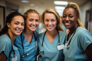 Herzlicher Empfang im Krankenhaus: Vier glückliche Krankenschwestern erwarten den Besucher mit einem Lächeln - obrazy, fototapety, plakaty