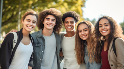 Young group of happy multiracial student friends looking at camera standing together outdoor.

