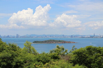 Aerial view of a small island In the middle of the Gulf of Thailand. Aerial view of an island in the ocean. View of a small island in the middle of the sea. Thailand.