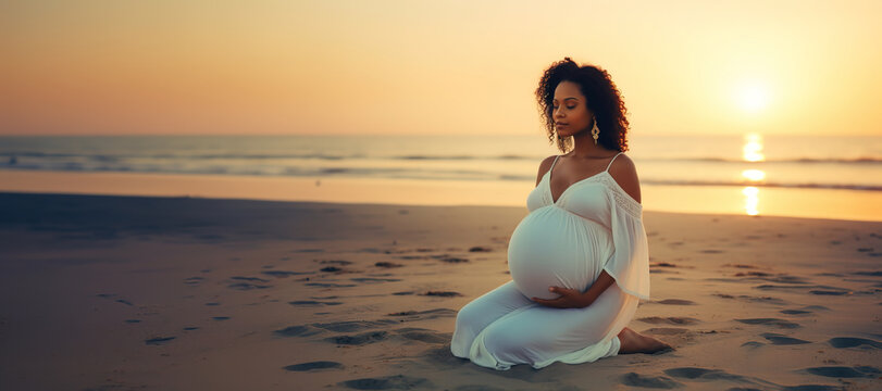 banner Calm pregnant african American woman meditating outdoors on ocean beach sitting on sand, doing breathing exercises for healthy pregnancy, preparing body for childbirth, relaxation on sunrise.