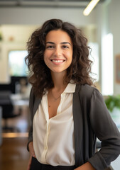 Fototapeta premium Modern Businesswoman: Young Office Worker Radiating Positivity in Casual yet Professional Dress.