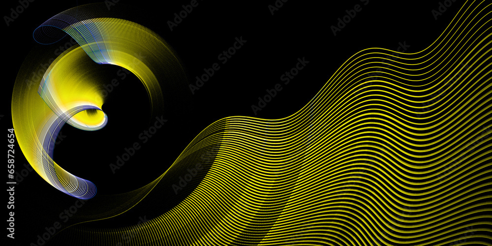 Poster abstract fractal background with yellow wavy, spiral and arc-shaped striped rotating planes on a bla