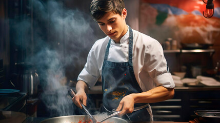 Obraz premium Professional young cook in uniform apron and hat adds some spices to dish, prepares delicious meal for guests in cuisine kitchen in hotel restaurant. The male chef adds salt to a steaming hot frying