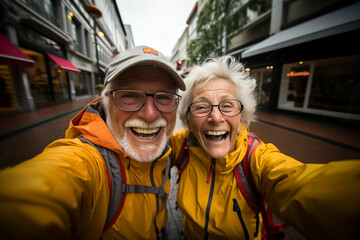Selfie shot of smiling senior couple taking selfie on mobile, smartphone while traveling in street or calling their friends, relatives in yellow rain coats. Elderly healthy life concept - obrazy, fototapety, plakaty
