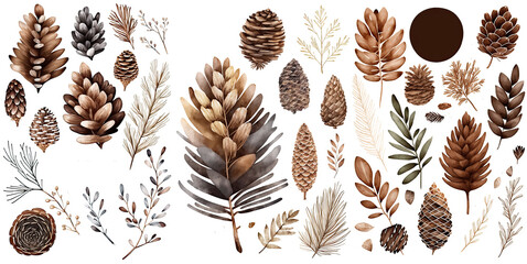 Set of Pine cone and branches watercolor collection of hand drawn, Pine cone brown color, Pine cone elegant watercolor , Pine cone isolated transparent background, PNG.	 - obrazy, fototapety, plakaty