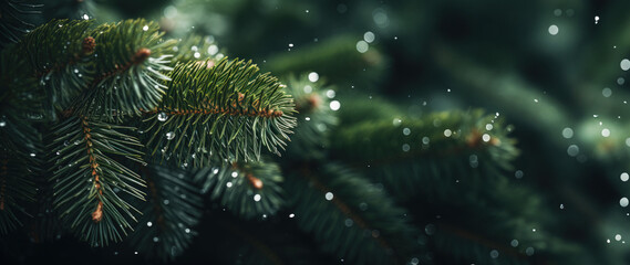 a close up shot of a christmas tree branch with droplets and snow, with copy space