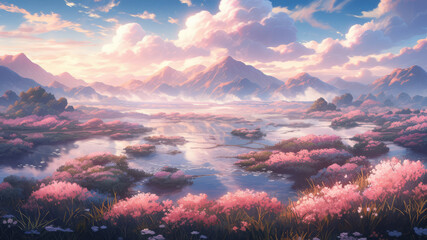 Fototapeta na wymiar Beautiful colorful anime landscape in a fantasy world - Generative AI
