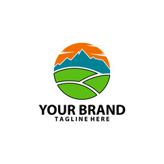 lanscape mountain sun circle logo design vector