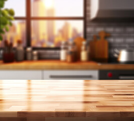 Wooden countertop texture on blurred kitchen window background.