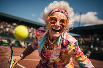 Excited happy charming stylish senior middle aged old lady, woman holding tennis racket, a ball, playing tennis. Active games, healthy activities for any ages, active life concept.  - obrazy, fototapety, plakaty