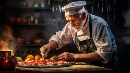 Professional elderly cook in uniform adds some spices to dish, prepares delicious meal for guests in cuisine kitchen in hotel restaurant. The male chef adds salt to a steaming hot frying pan. Food