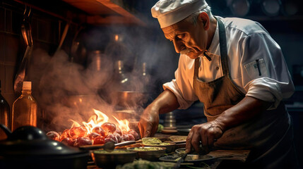 Fototapeta premium Professional elderly cook in uniform adds some spices to dish, prepares delicious meal for guests in cuisine kitchen in hotel restaurant. The male chef adds salt to a steaming hot frying pan. Food