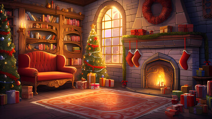 Obraz premium Cosy Christmas Room Card. Home Interior Background. Warm atmosphere illustration for holiday projects.