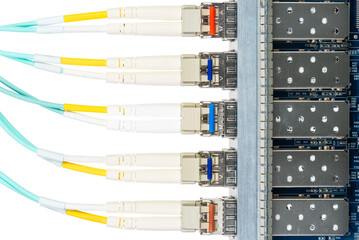Optical fibre patch cords with gbic connected to the switch, isolated on white