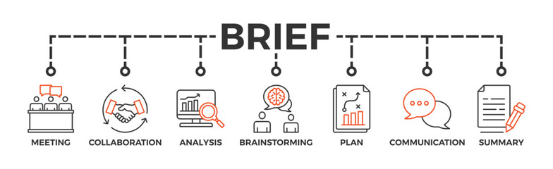 Brief banner web icon for a briefing of business plan with an icon of meeting, collaboration, analysis, brainstorming, plan, communication, and summary