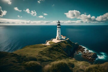 Generate an image of a serene coastal landscape with a lighthouse overlooking the sea - obrazy, fototapety, plakaty