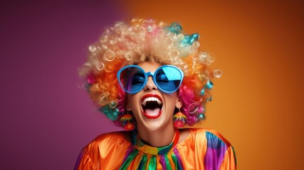 Beauty woman with laughinggirl blond hair, happy and funny girl wearing 80s colorful fashion and glasses in Stylish woman posing as supermodel on orange studio background, Generative AI