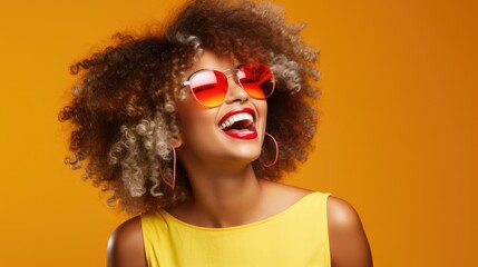 Beauty woman with laughinggirl blond hair, happy and funny girl wearing 80s colorful fashion and glasses in Stylish woman posing as supermodel on orange studio background, Generative AI