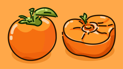 Set of Persimmon fruit, Flat Vector illustration in Outline Stroke style, Colorful fruit with shadow and light icon, isolated on colored background.
