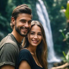 Fototapeta premium Hombre y mujer jóvenes sonriendo junto a un salto de agua 