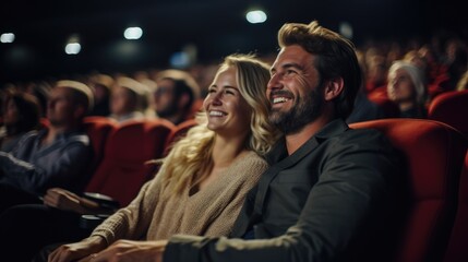 Cheerful happy couple with family watching movie in cinema with blurred audiences background, Generative AI - obrazy, fototapety, plakaty