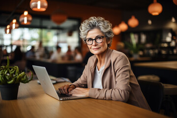 Mature middle aged senior woman using laptop working on computer in cafe. Concentrated old businesswoman distance applicant, aged seeker searching job online, blogger writer. Old people and technology - obrazy, fototapety, plakaty