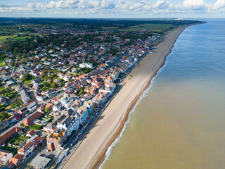 Dramatic aerial view of the popular Suffolk coastal town of Aldeburgh.