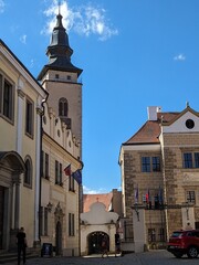 Obraz premium Telc town in the southern Czech Republic.Known for its Italian Renaissance architecture chateau, formerly a Gothic castle,old town square and columns view-UNESCO
