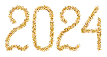 Tinsel. 2024. Lettering from a festive Christmas decoration. Fluffy numbers. Golden color. Vector illustration. Isolated background. Cute plush message. The coming year. Rustling lettering. 