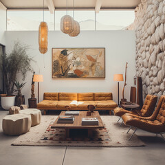 Modern luxury living room in  mid century style and an abstract wall painting under a skylight.