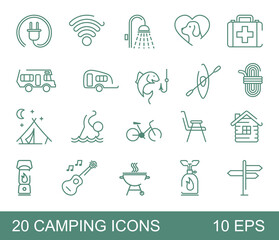 A set of thin linear icons on the theme of camping and outdoor recreation